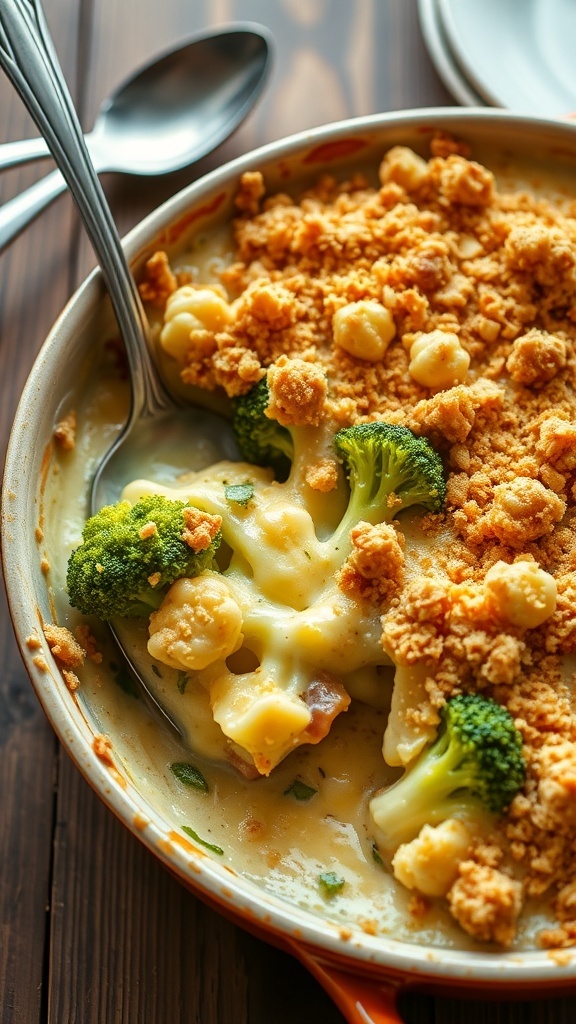 Cheesy cauliflower and broccoli bake with golden breadcrumbs in a rustic dish, served on a wooden table.